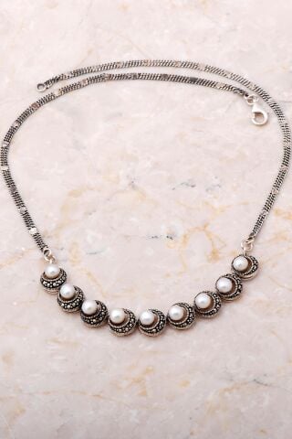 İnci ve Markazit Taşlı Tasarım Gümüş Kolye 7669