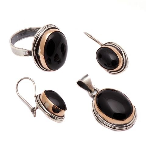Oltu Taşlı Tel Sarma Gümüş Set 1154