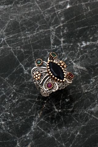 Safir Taşlı Telkari İşlemeli Hercai Kelebek Gümüş Yüzük 2497