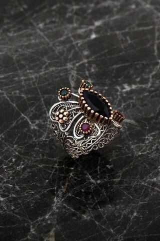 Safir Taşlı Telkari İşlemeli Hercai Kelebek Gümüş Yüzük 2497