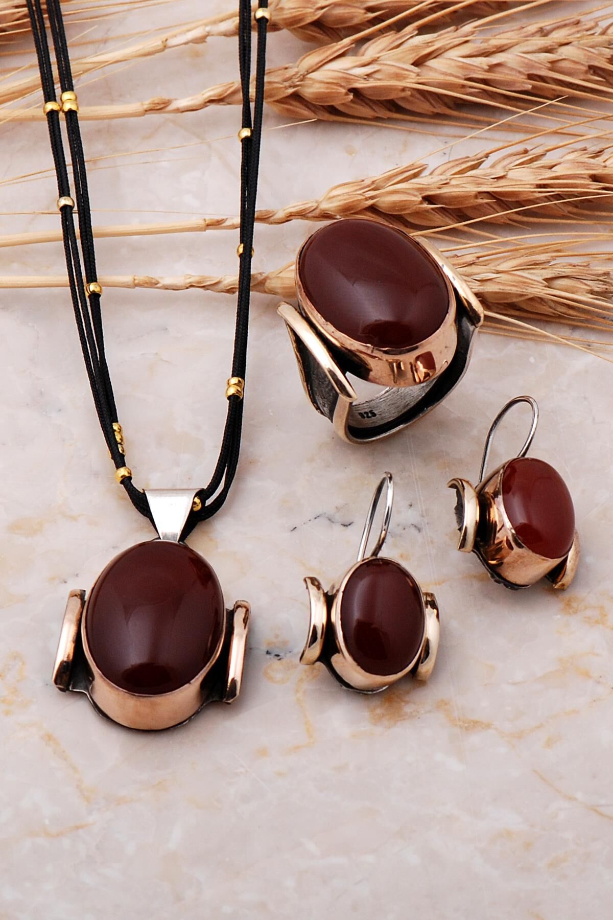 Akik Taşlı Tasarım El Yapımı Gümüş Set 896