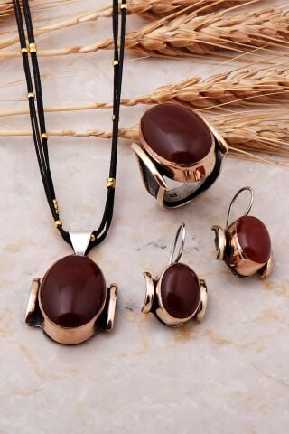 Akik Taşlı Tasarım El Yapımı Gümüş Set 896