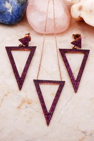 Yakut Taşlı Üçgen Rose Gümüş Set 2229