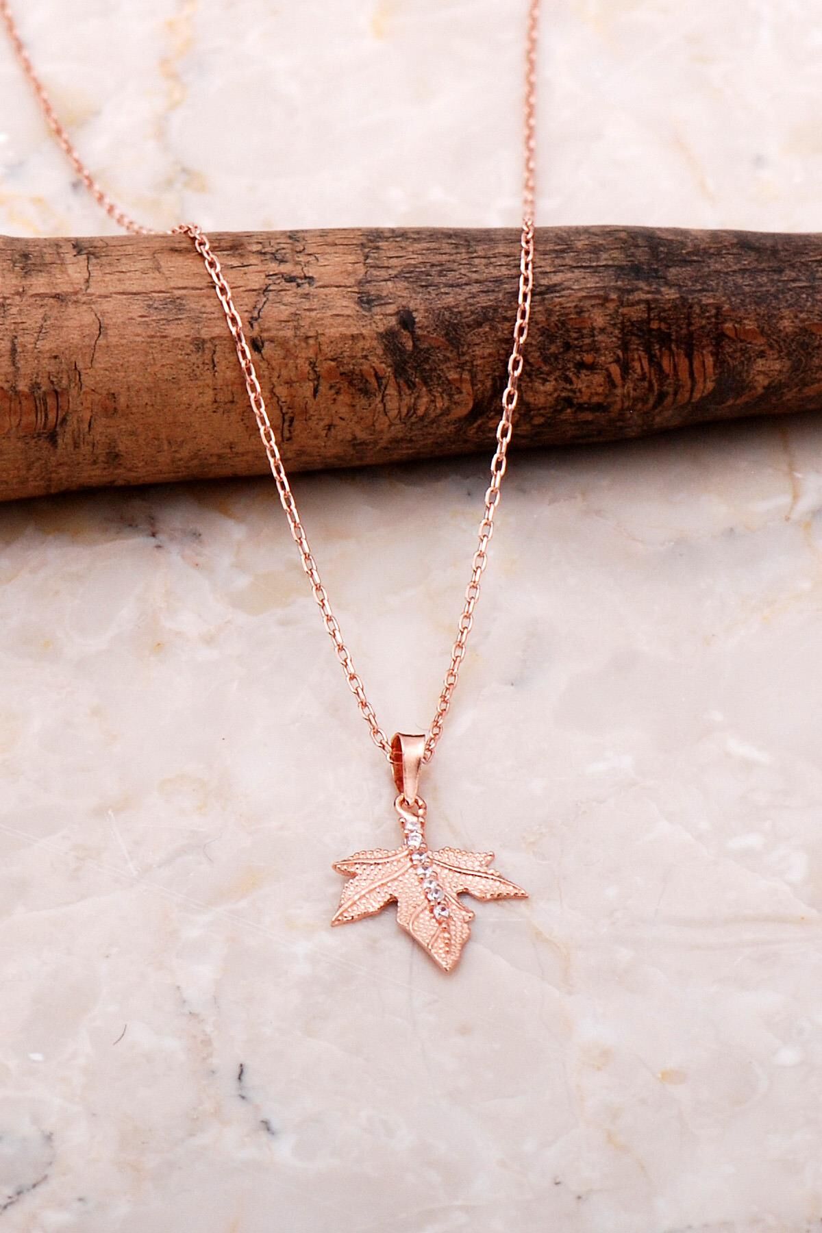 Çınar Ağacı Yaprağı Rose Gümüş Kolye 7056