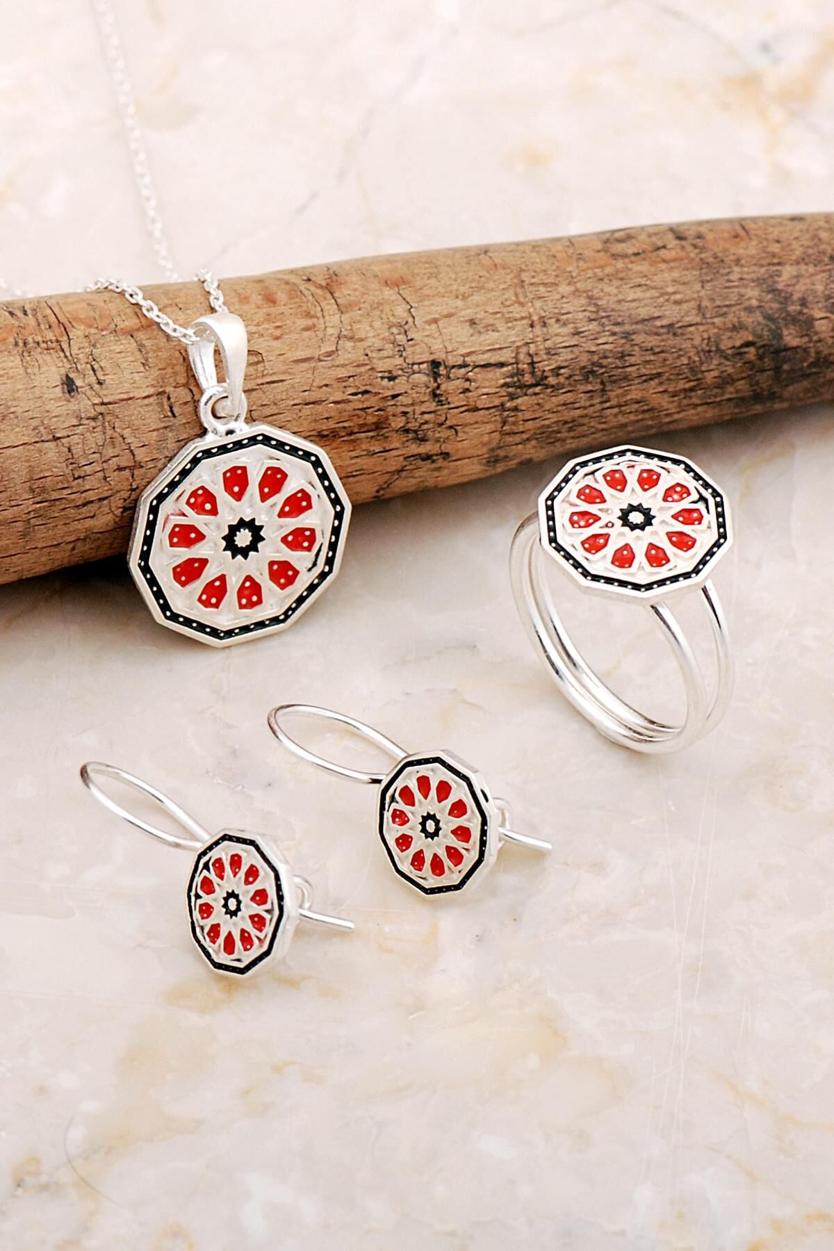 Anadolu Motifli Elişi Çiçek Mineli Gümüş Set 2833