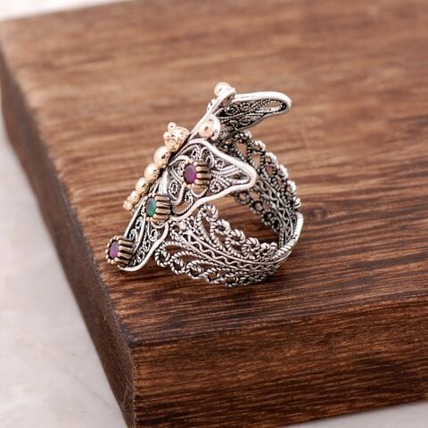 Zümrüt Yakut Taşlı Telkari İşlemeli Kelebek Gümüş Yüzük 2499