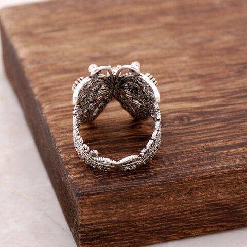 Zümrüt Yakut Taşlı Telkari İşlemeli Kelebek Gümüş Yüzük 2499