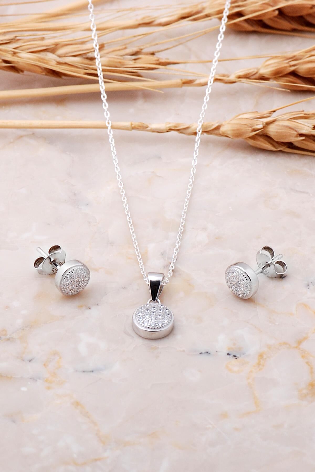 Zirkon Taşlı Tasarım İkili Gümüş Set 1843