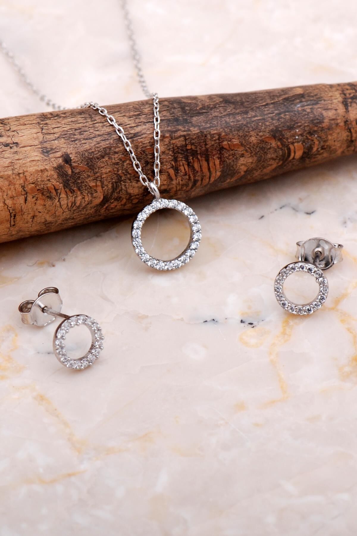 Halka Tamtur Taşlı Rodyumlu Gümüş Küpe Kolye Seti 2604