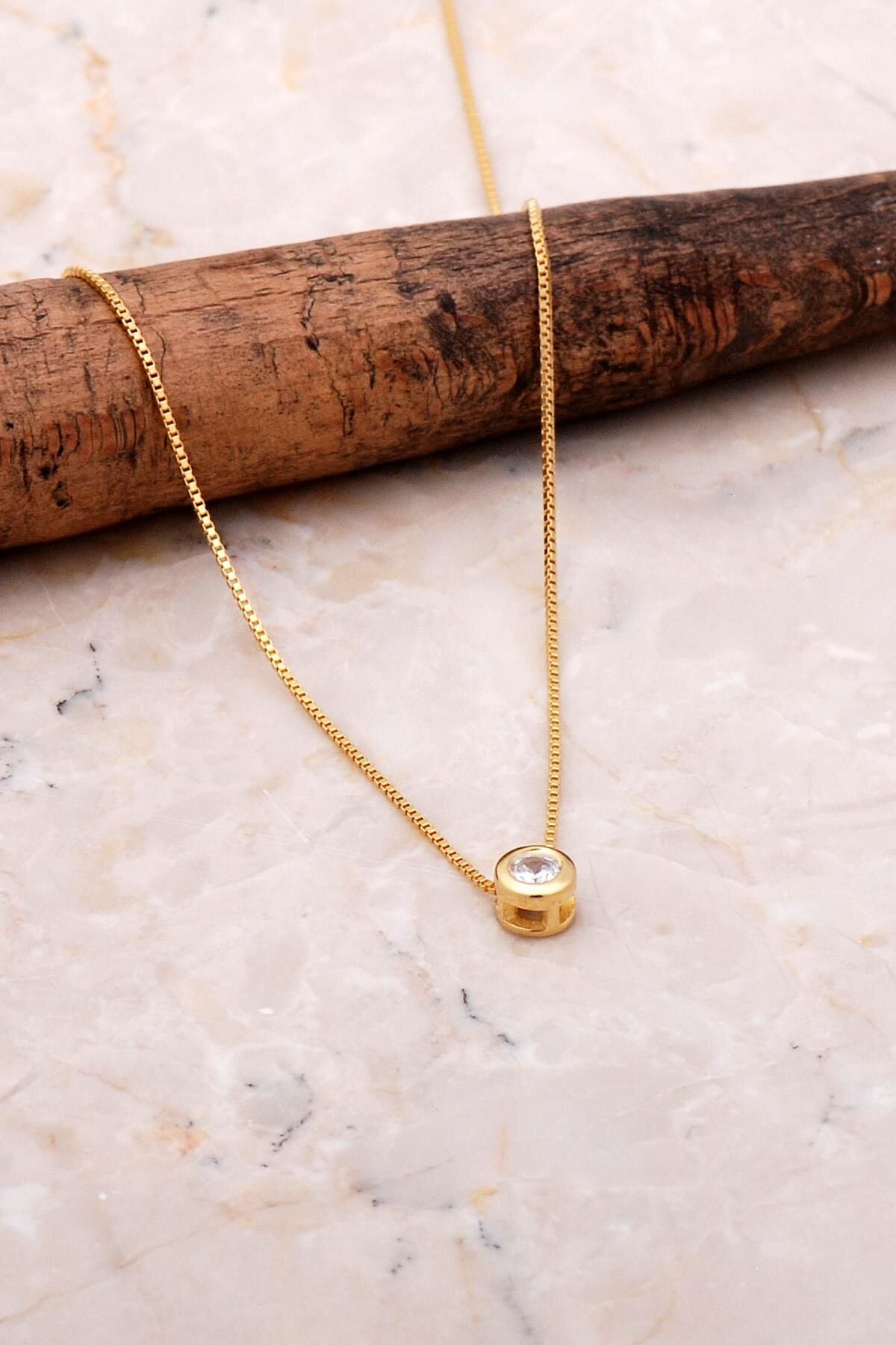 Tek Taş İtalyan Gümüş Altın Yaldızlı Kolye 7061