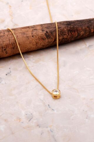 Tek Taş İtalyan Gümüş Altın Yaldızlı Kolye 7061