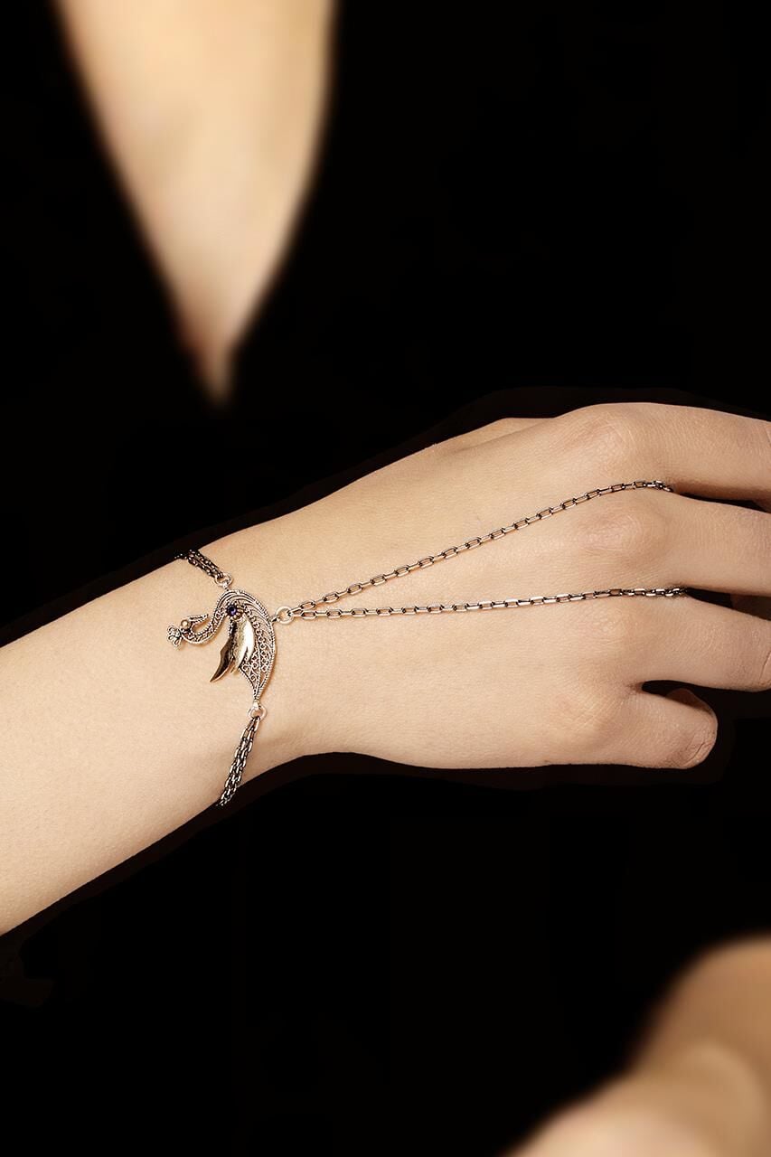 Telkari İşlemeli Kuğu Şahmeran Yüzüklü Bileklik 07