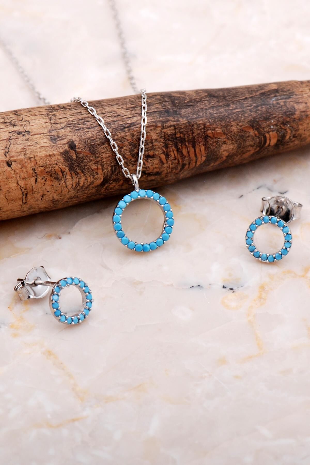 Turkuaz Tamtur Taşlı Rodyumlu Gümüş Küpe Kolye Seti 2605