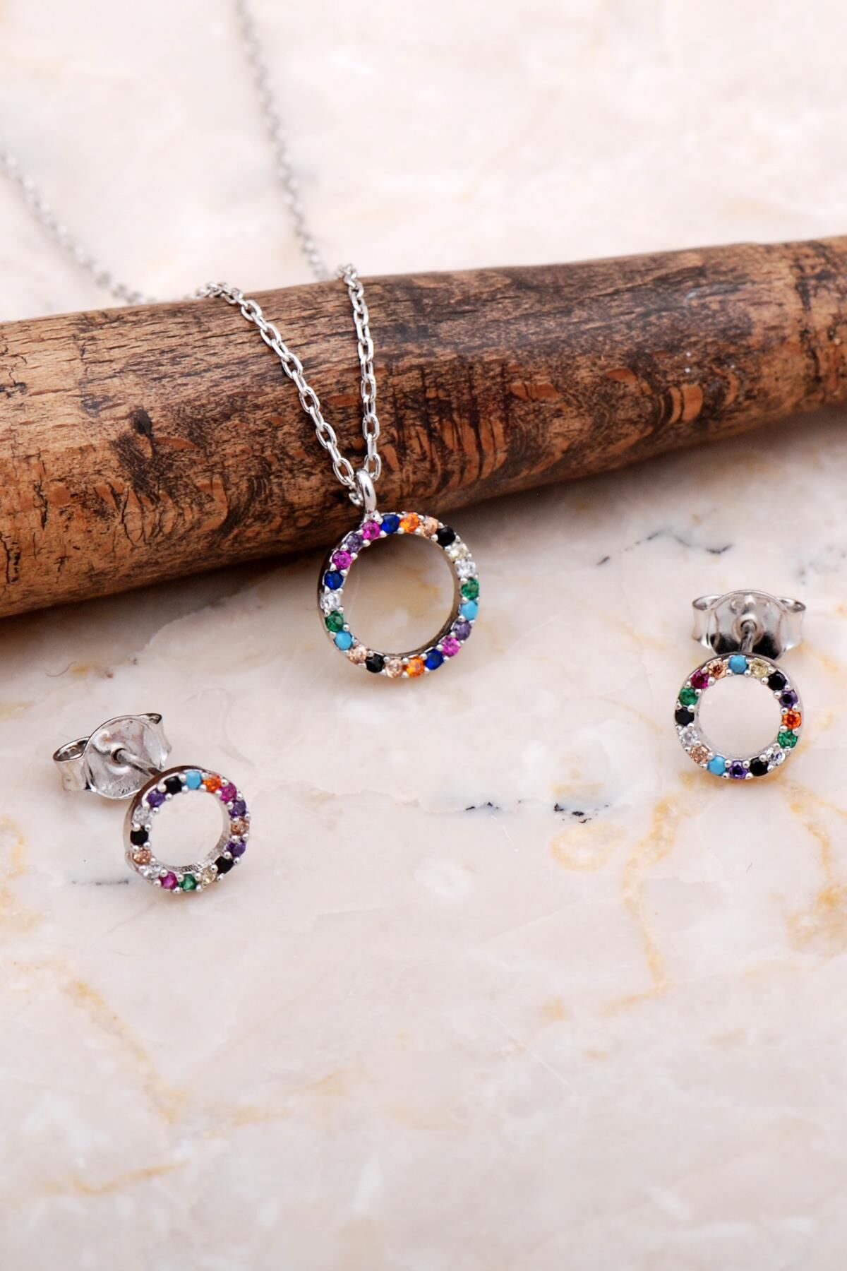 Halka Tamtur Mix Taşlı Rodyumlu Gümüş Kolye Küpe Seti 2606