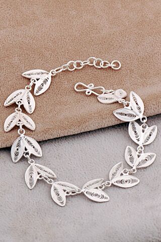 Midyat Telkari Sanatı İşlemeli Elişi Yaprak Gümüş Bileklik 4661