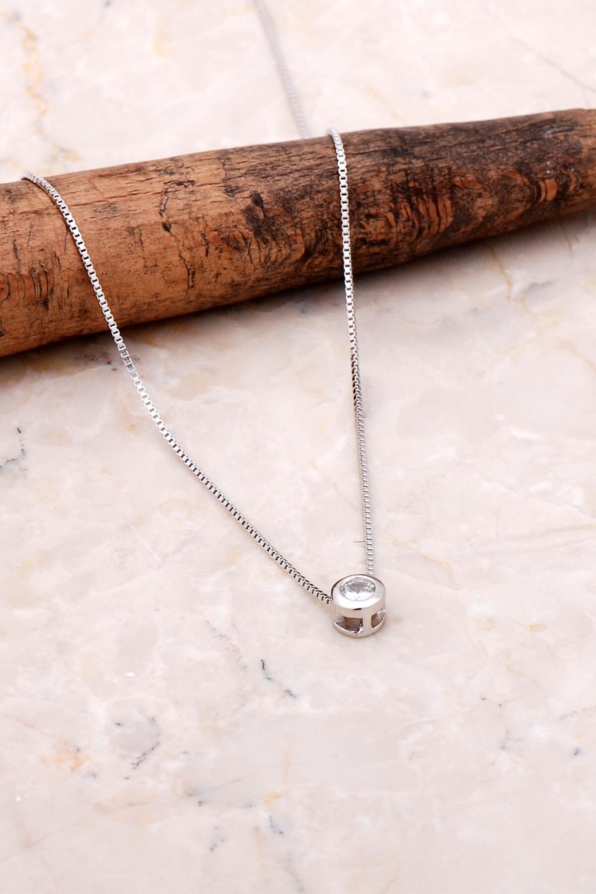 Tek Taş İtalyan Gümüş Kolye 7063