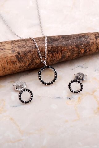 Halka Tamtur Taşlı Safir Rodyumlu Gümüş Kolye Küpe Seti 2607