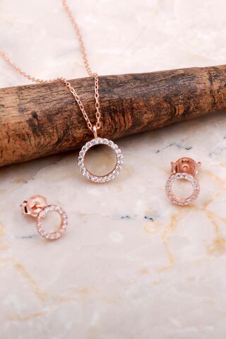 Halka Tamtur Taşlı Rose Gümüş Kolye Küpe Seti 2608