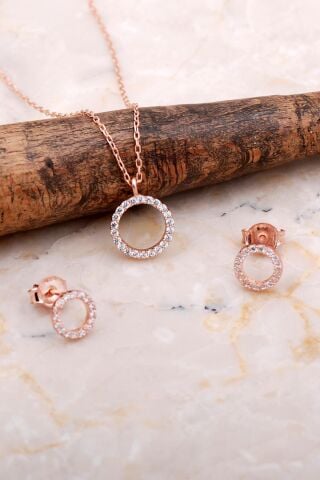 Halka Tamtur Taşlı Rose Gümüş Kolye Küpe Seti 2608