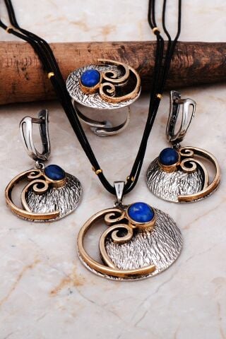 Lapis Lazuli Taşlı Çekiç Dövme Elişi Gümüş Set 2239