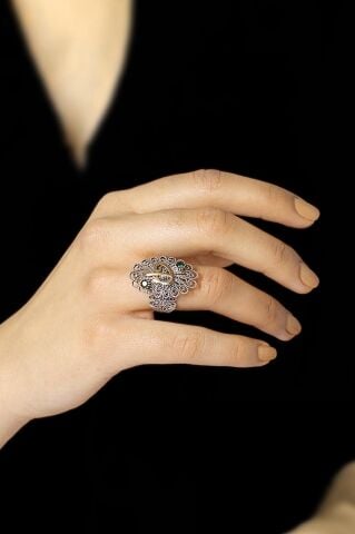 Elif Vav Telkari İşlemeli Gümüş Yüzük 2503