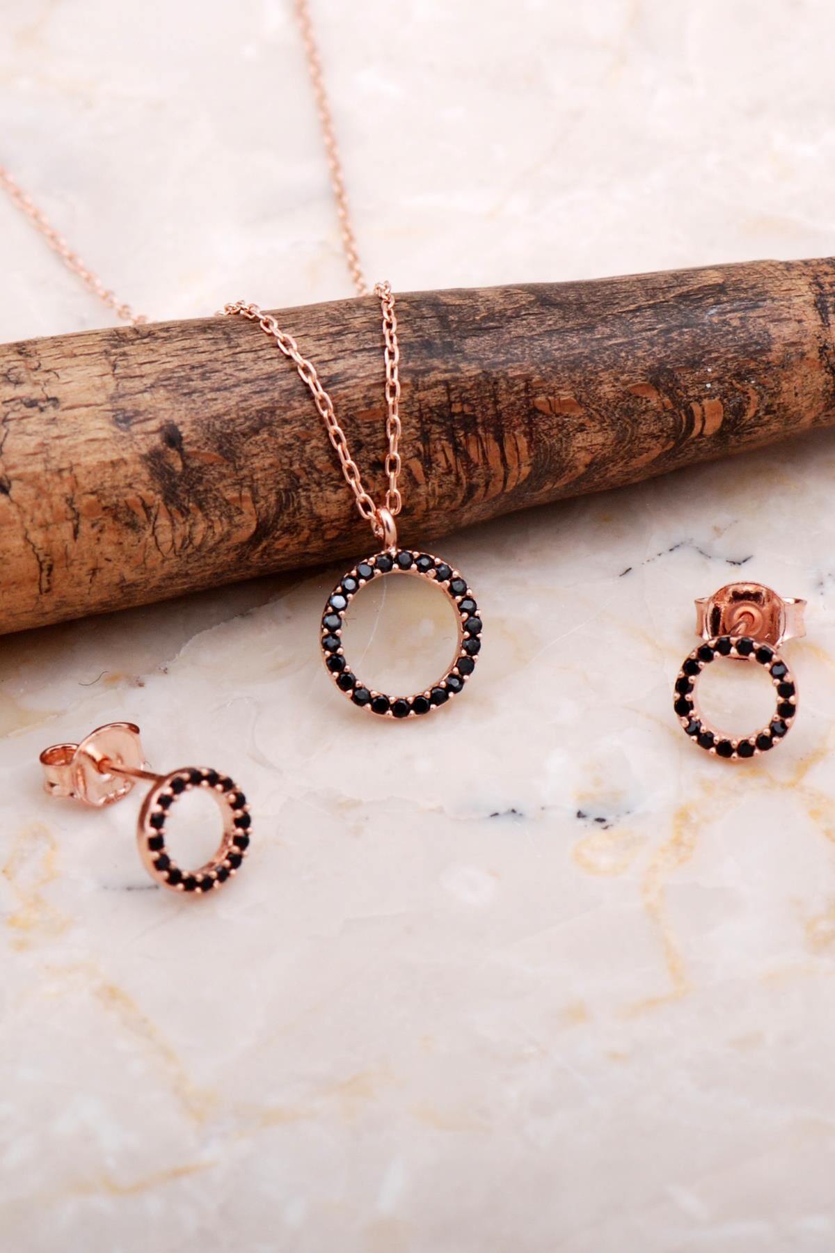 Halka Tamtur Taşlı Safir Rose Gümüş Kolye Küpe Seti 2609