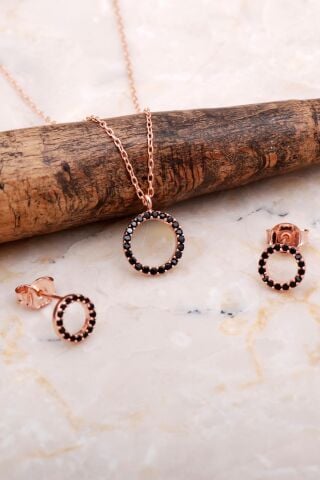 Halka Tamtur Taşlı Safir Rose Gümüş Kolye Küpe Seti 2609