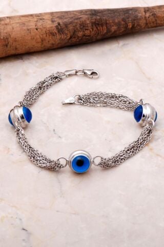 Göz Boncuklu Zincirli Gümüş Bileklik 3547