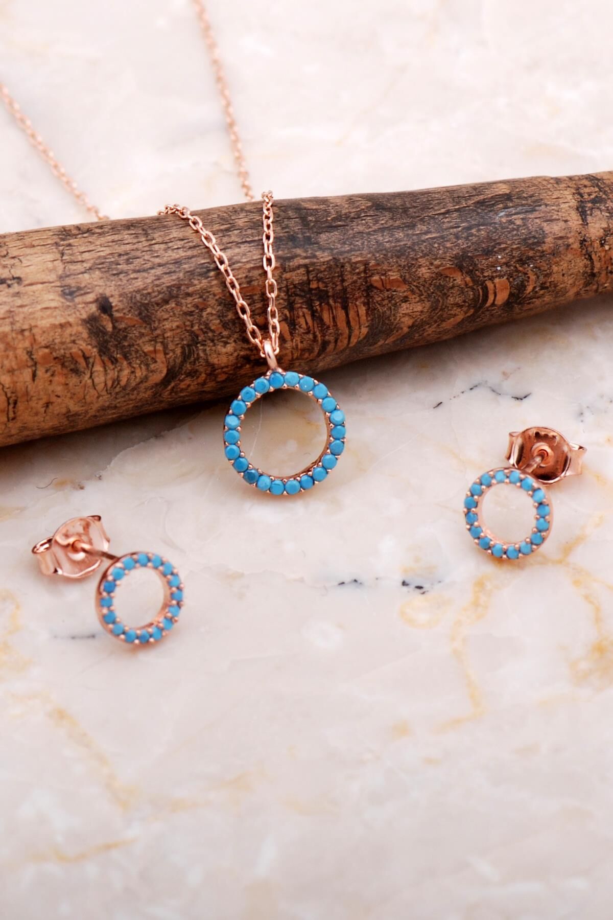 Halka Tamtur Turkuaz Taşlı Rose Gümüş Kolye Küpe Seti 2610