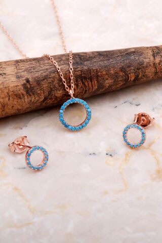 Halka Tamtur Turkuaz Taşlı Rose Gümüş Kolye Küpe Seti 2610