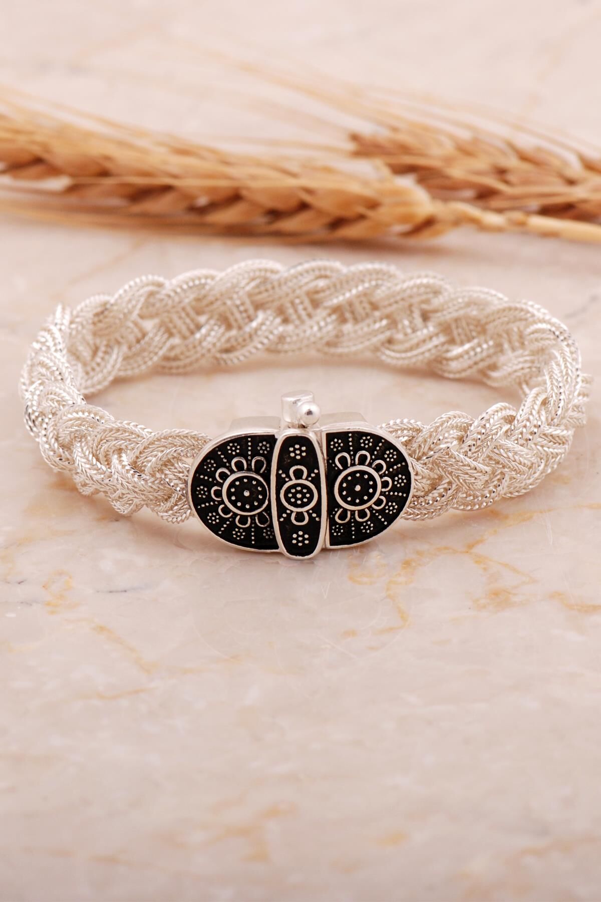 Midyat Hasır Telkari Örme Anadolu Motifli Gümüş Bileklik 4448