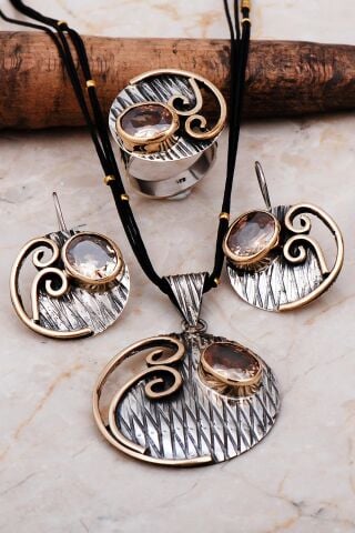 Topaz Taşlı Çekiç Dövme Elişi Gümüş Set 2241