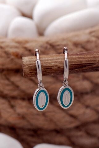 Turkuaz Oval Nazar Boncuklu Rodyumlu Gümüş Küpe 5658