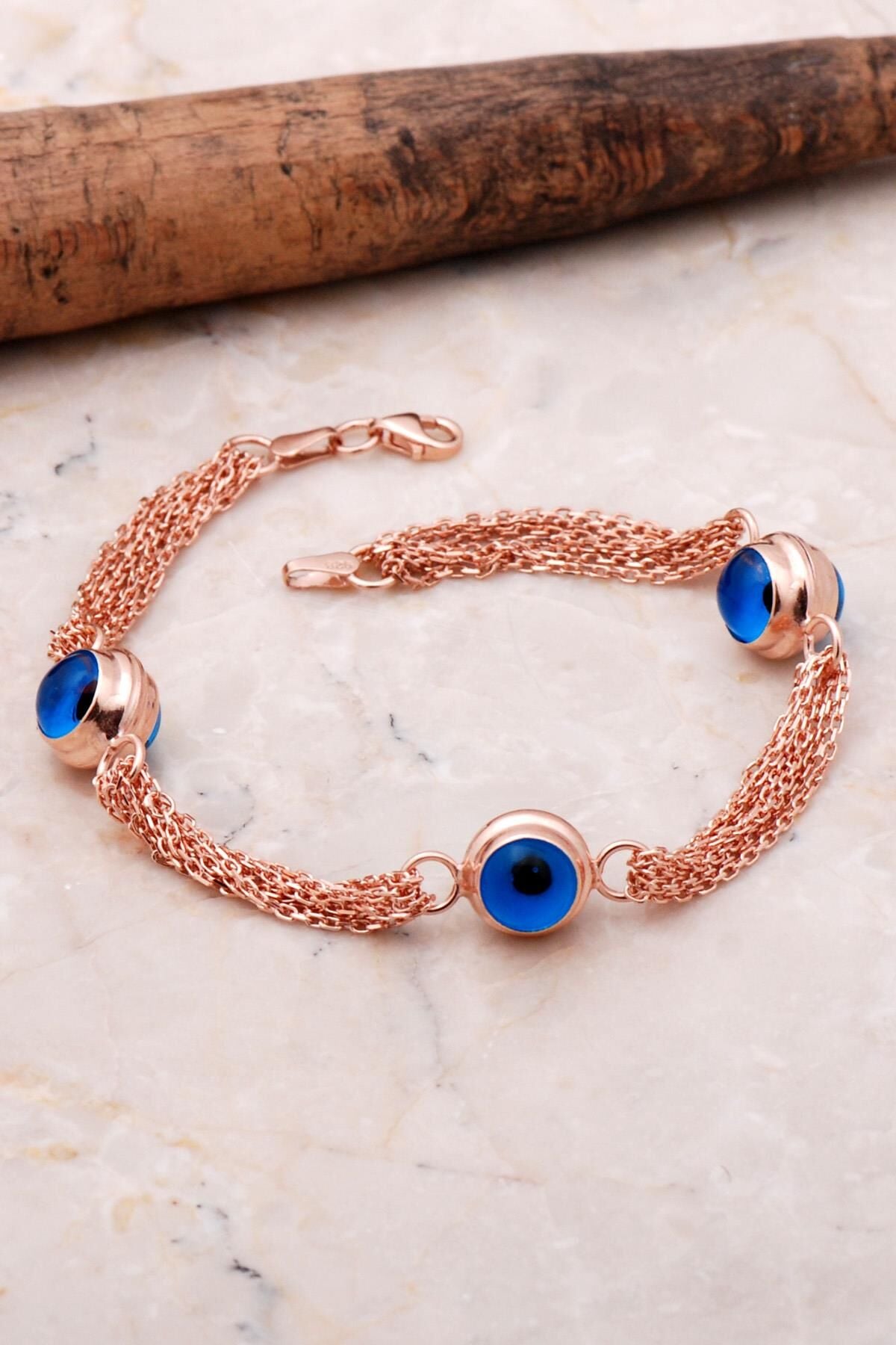 Göz Boncuklu Rose Gümüş Zincirli Bileklik 3548