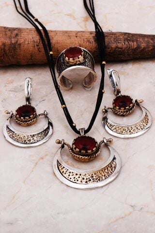Yakut Taşlı Çekiç Dövme Elişi Gümüş Set 2242
