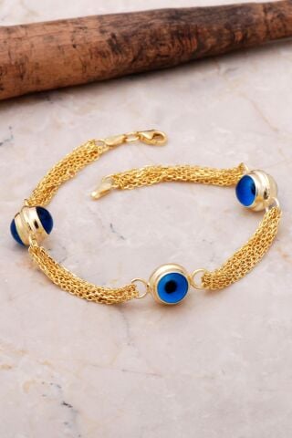 Göz Boncuklu Altın Yaldızlı Zincirli Gümüş Bileklik 3549