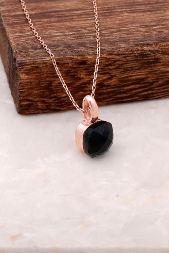 Oniks Taşlı Rose Gümüş Kolye 1552
