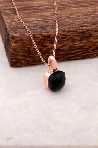 Oniks Taşlı Rose Gümüş Kolye 1552