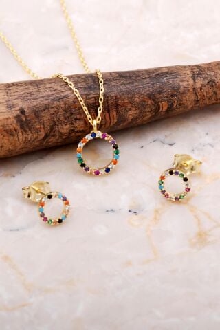 Halka Tamtur Mix Taşlı Altın Kapalam Gümüş Kolye Küpe Seti 2613
