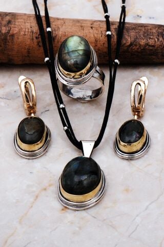 Labradorit Taşlı Elişi Gümüş Set 2244