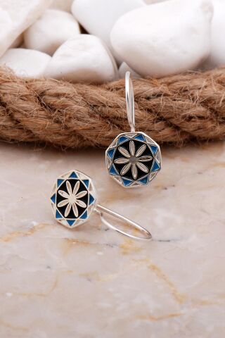 Anadolu Motifli Mineli Elişi Gümüş Küpe 5916