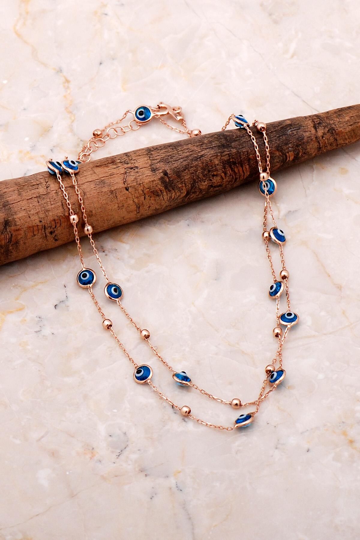 Dorika Nazar Boncuklu 60 Cm Rose Gümüş Kolye 7067