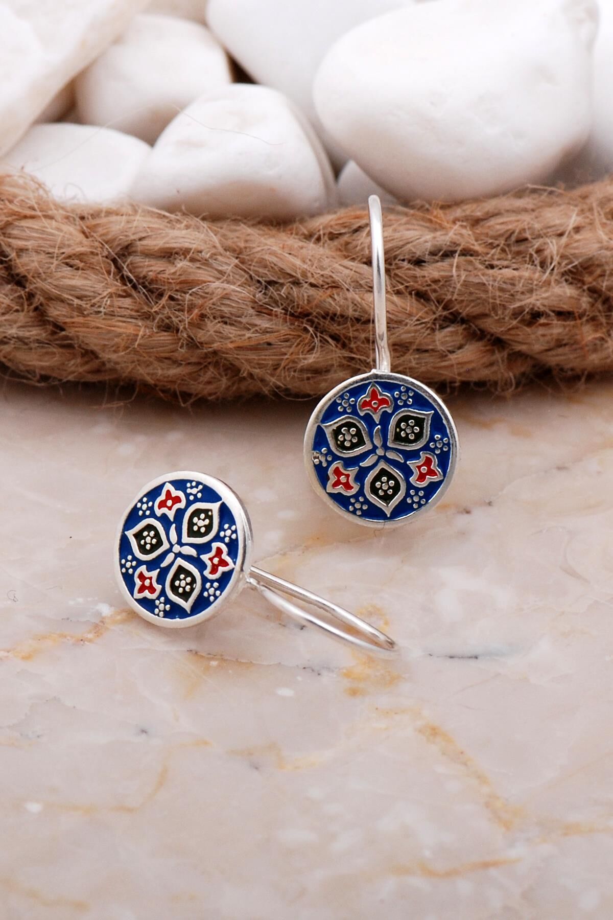 Anadolu Motifli Mineli Elişi Gümüş Küpe 5919