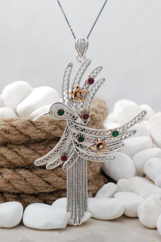 Anka Kuşu Çiçekli Telkari Elişi Gümüş Kolye 7453