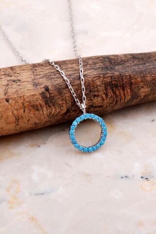 Halka Tamtur Turkuaz Taşlı Rodyumlu Gümüş Kolye 7836