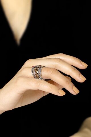 Kök Yakut Taşlı Telkari İşlemeli Gümüş Yüzük 2508