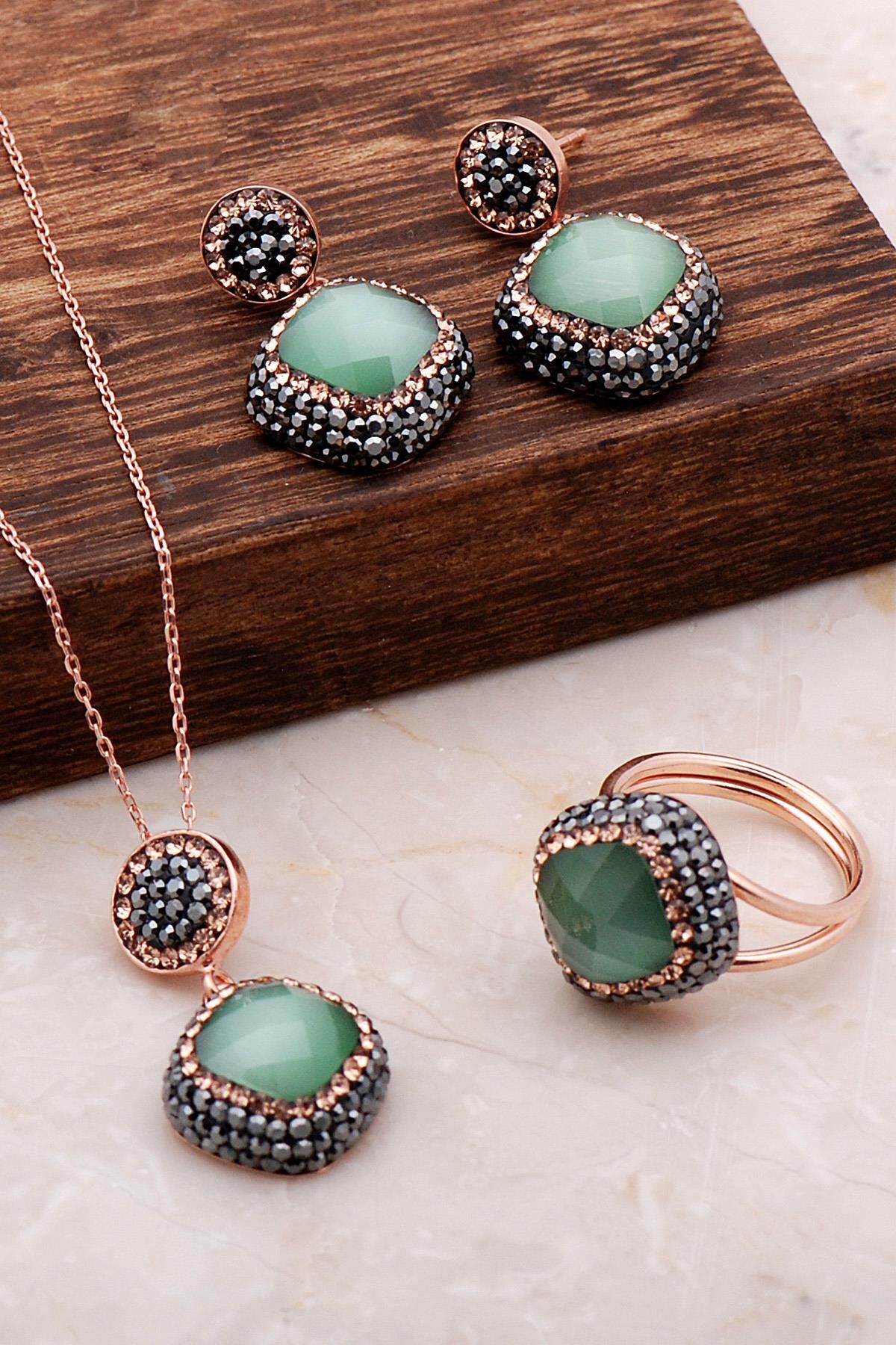 Opal Taşlı Rose Gümüş Set 2062