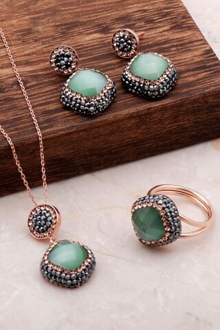 Opal Taşlı Rose Gümüş Set 2062