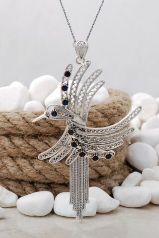 Anka Kuşu Safir Taşlı Telkari Elişi Gümüş Kolye 7455