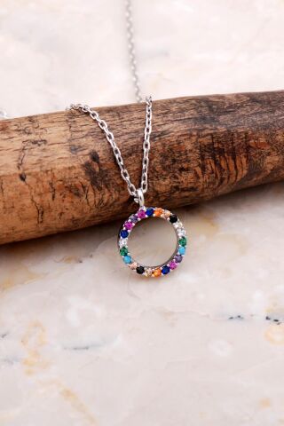 Halka Tamtur Mix Taşlı Rodyumlu Gümüş Kolye 7837